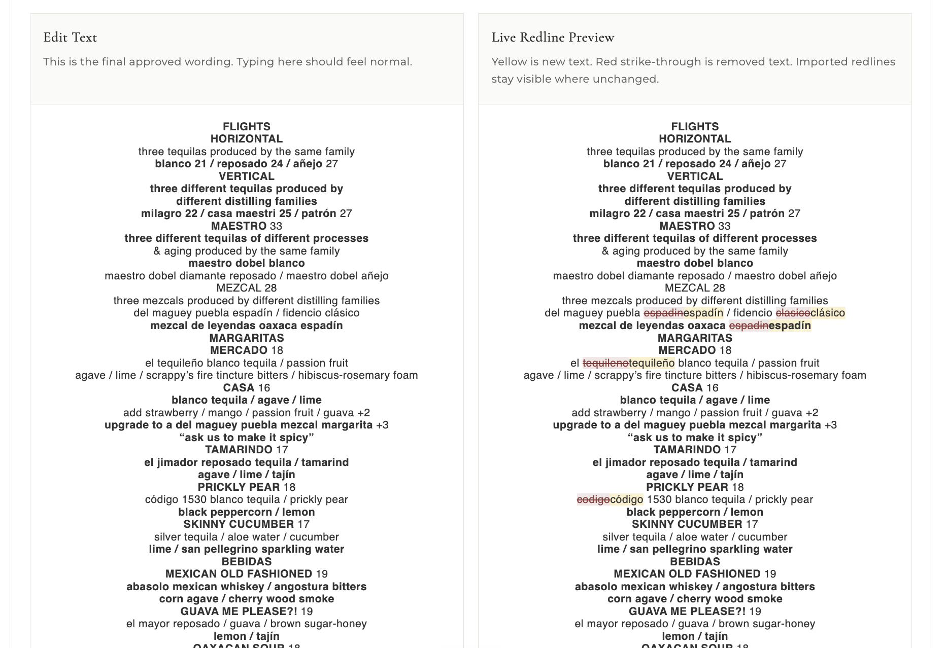 MenuManager editor showing original text beside a live redline preview with proposed edits highlighted